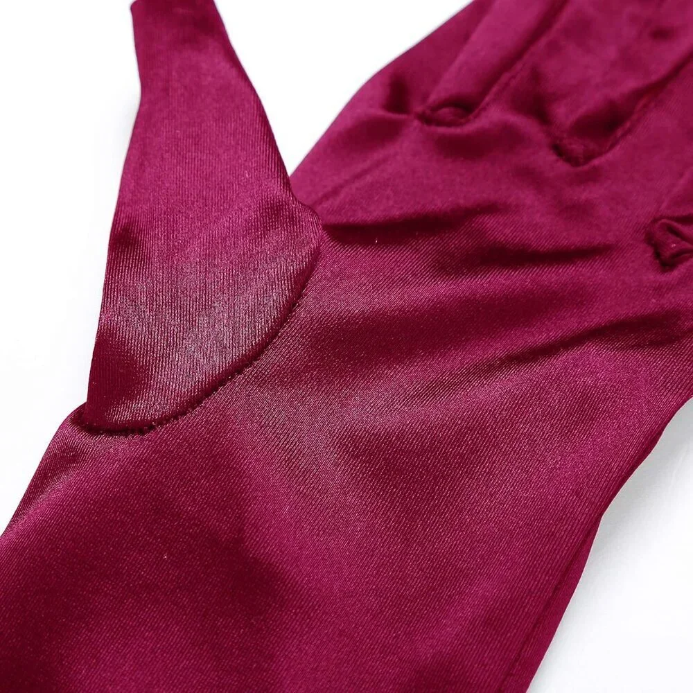 Women's Smooth Wine Red Long Satin Gloves Elbow Length Party Costume Accessory
